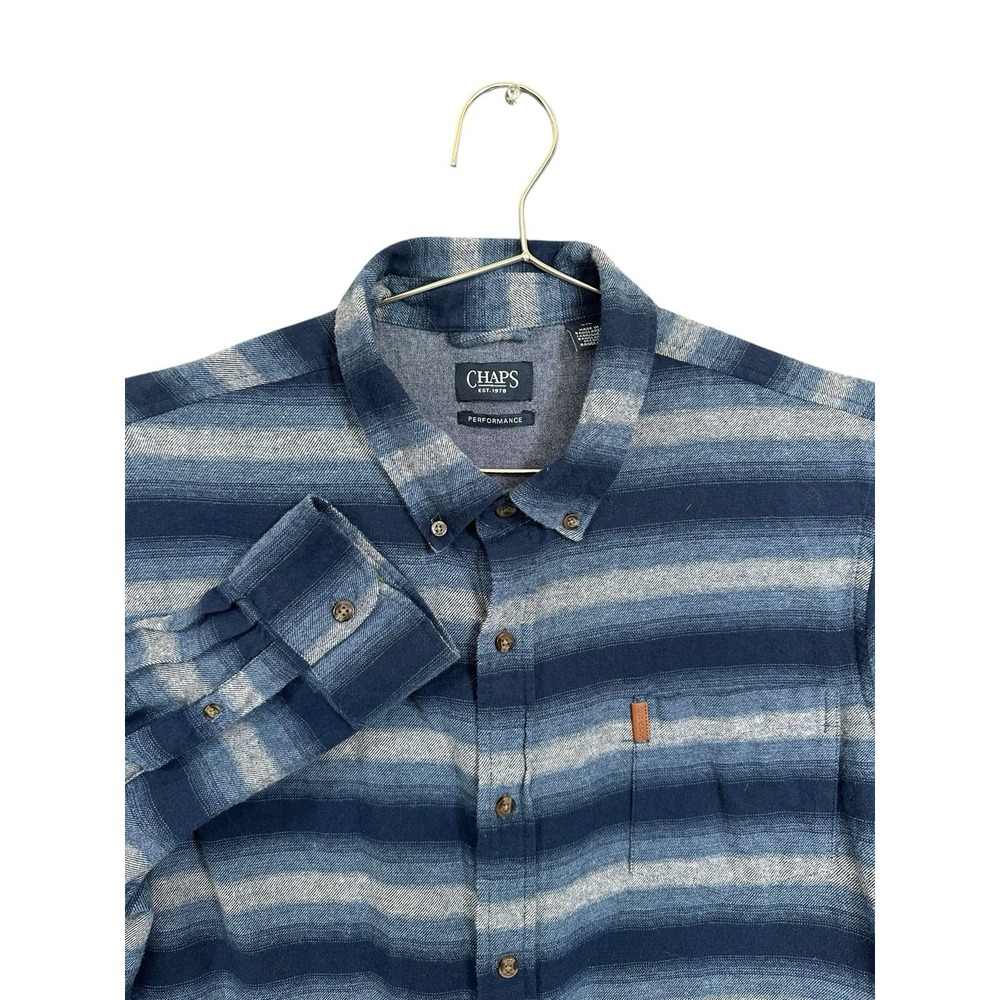 Chaps Performance Blue Gray Stripe Flannel Cotton Button Down Shirt Size 2XL XXL